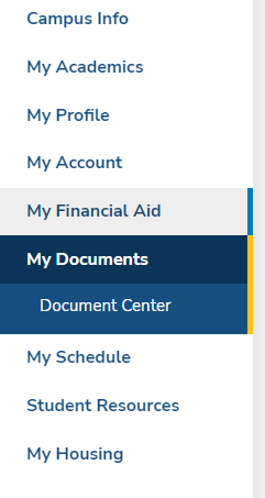 Screenshot of the Student Portal Menu with Document Center selected.