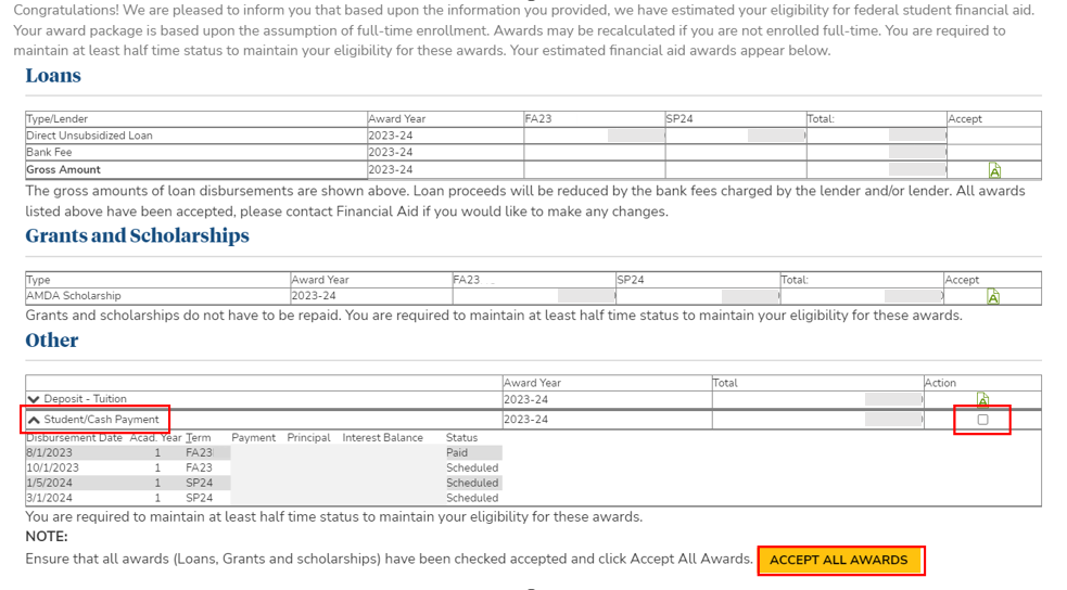 Screenshot of Financial Aid Award Details in Portal.