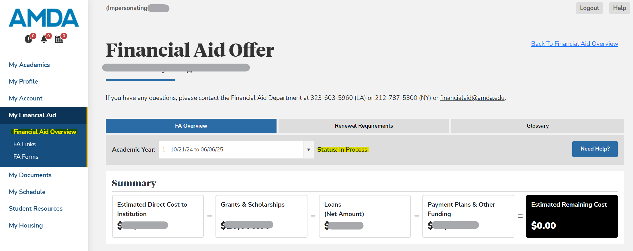 Screenshot of the Financial Aid Overview area of Student Portal.