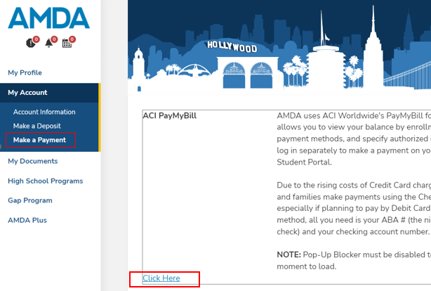Screenshot of portal showing the Make a Payment link.